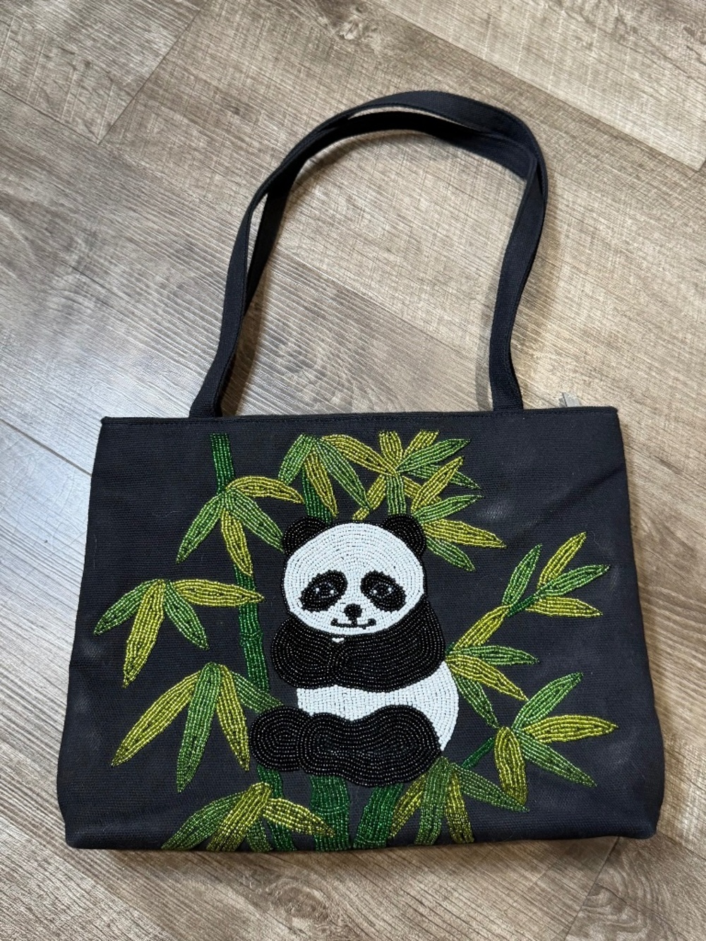 Handmade hand beaded black panda bear tote shoulder bag
